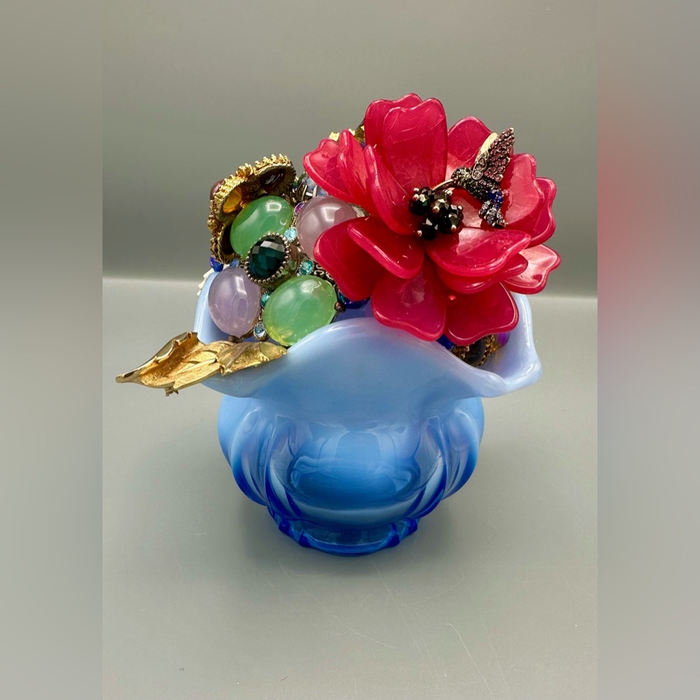 Vintage Fenton Blue Art Glass Jewelry Sculpture | Repurposed Brooch Decor | OOAK